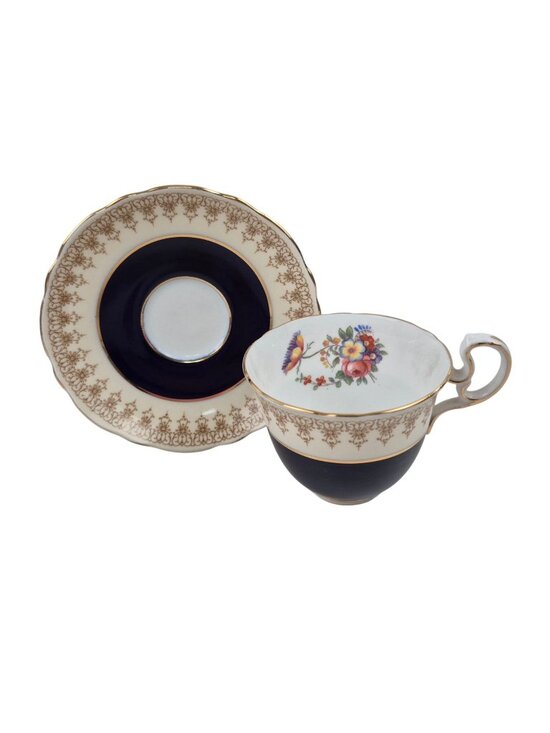 Aynsley Other - Aynsley Tea Cup Saucer Set Cobalt Blue Floral Bone China England Vintage 3 oz